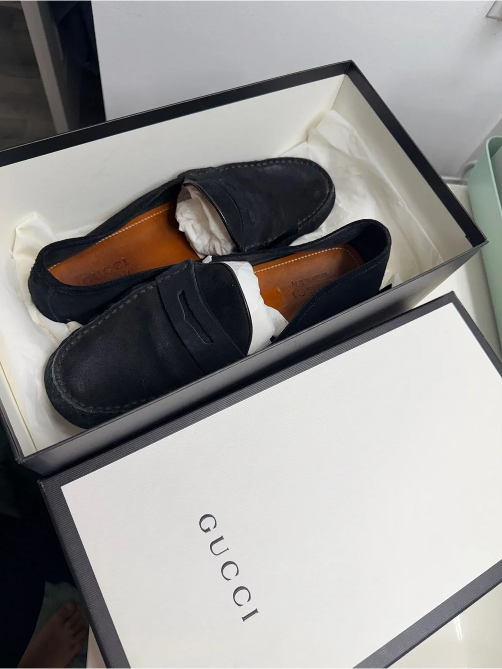 Gucci Black Suede Penny Loafers for Men size 10